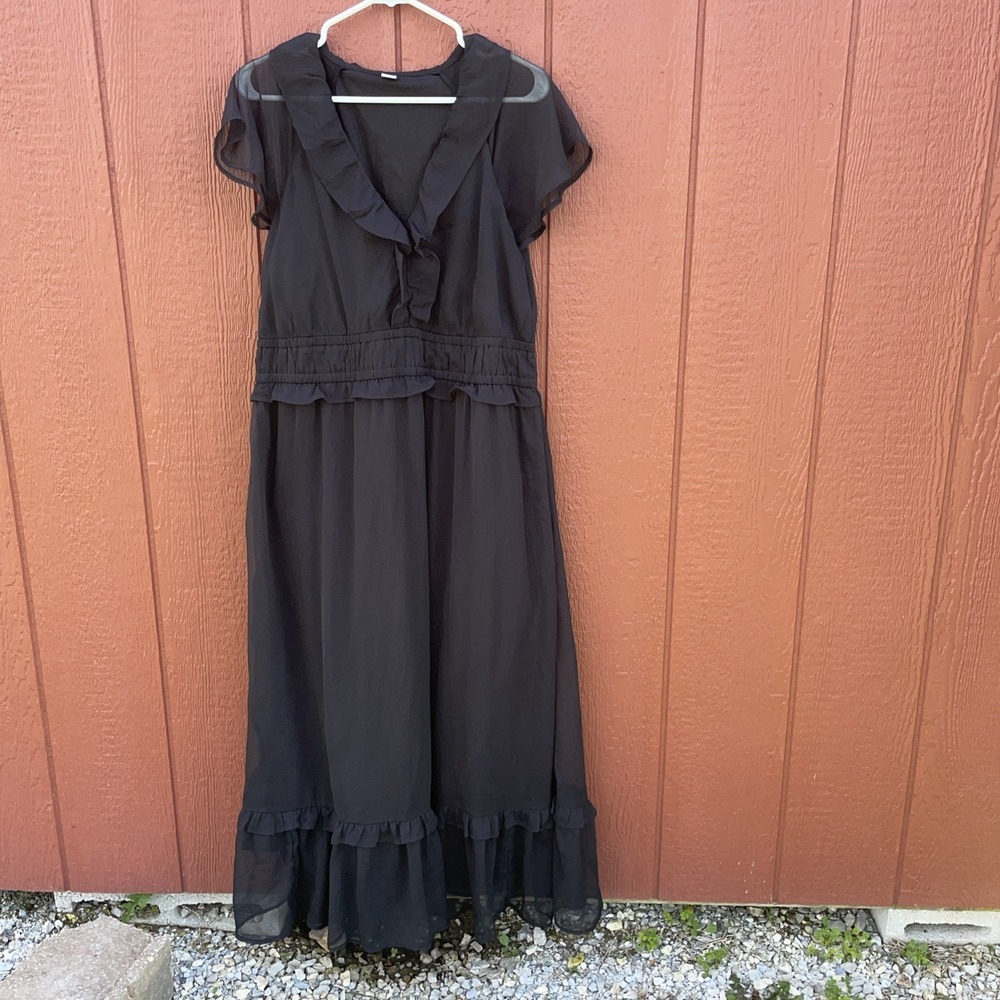 Old Navy Black Ruffled Lined Cap Sleeve V Neck Sun Dress Size XL TALL